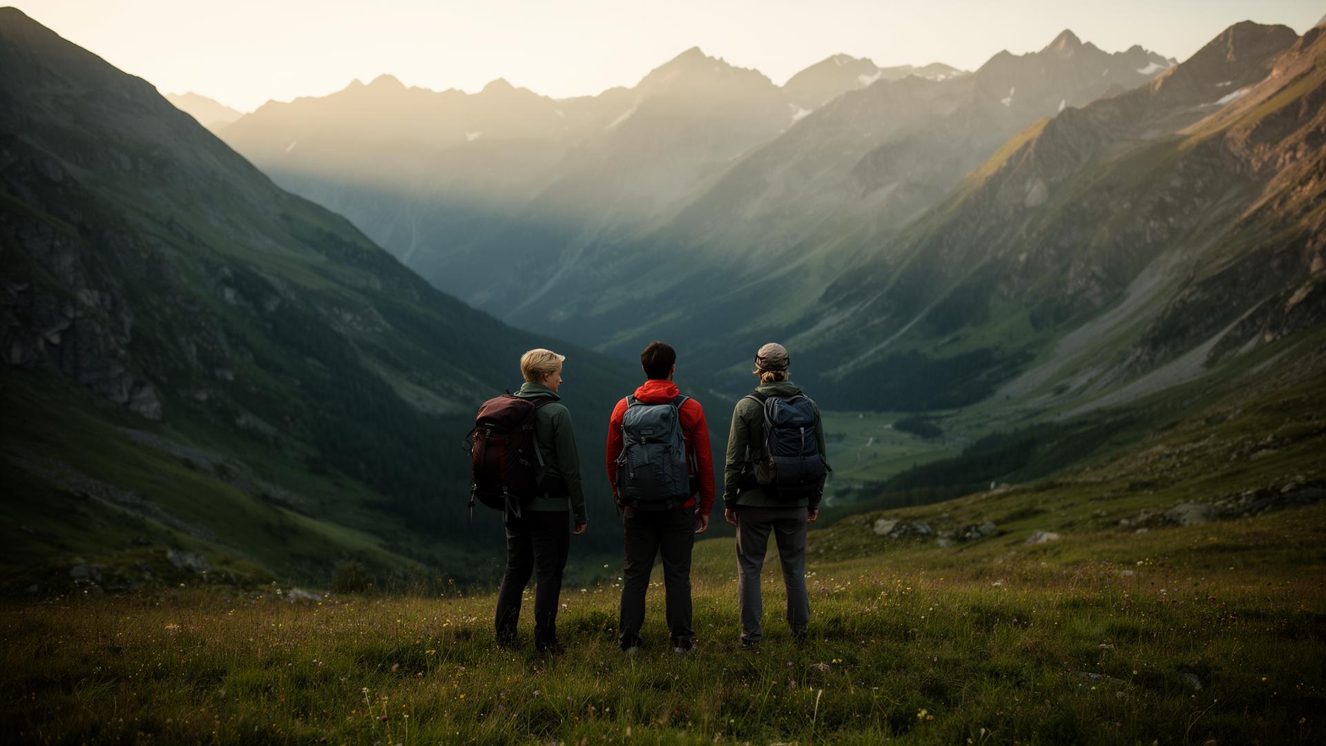 Three hikers looking out over a wide alpine valley at sunset