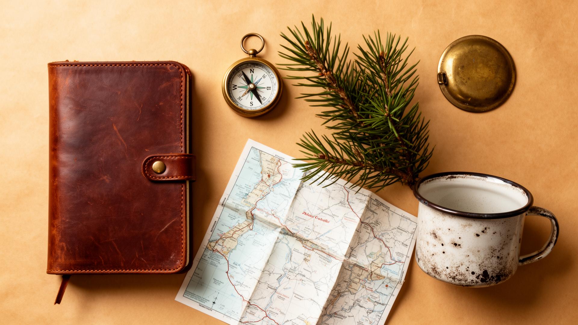 Notebook, brass compass, paper map and enamel mug on warm parchment